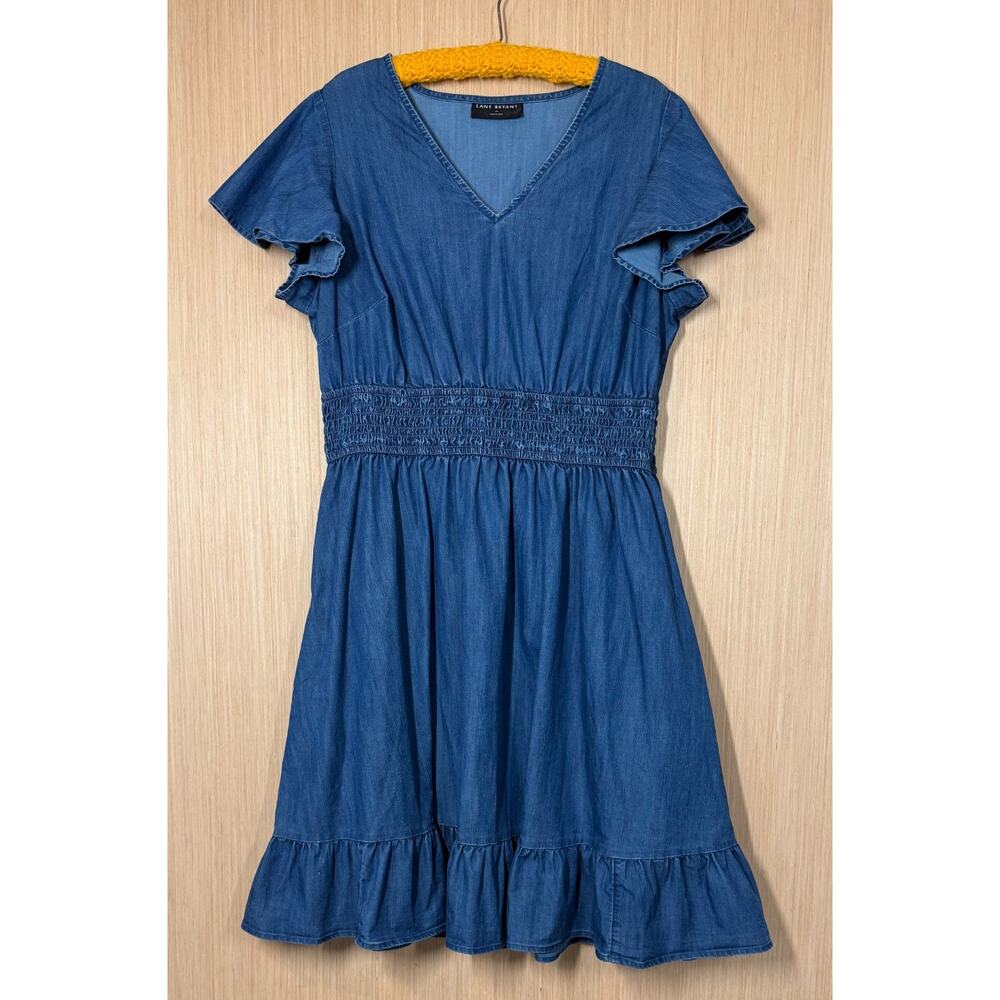 Lane Bryant Lyocell Chambray Smocked Ruffle Hem Dress Womens Size 14 Pockets